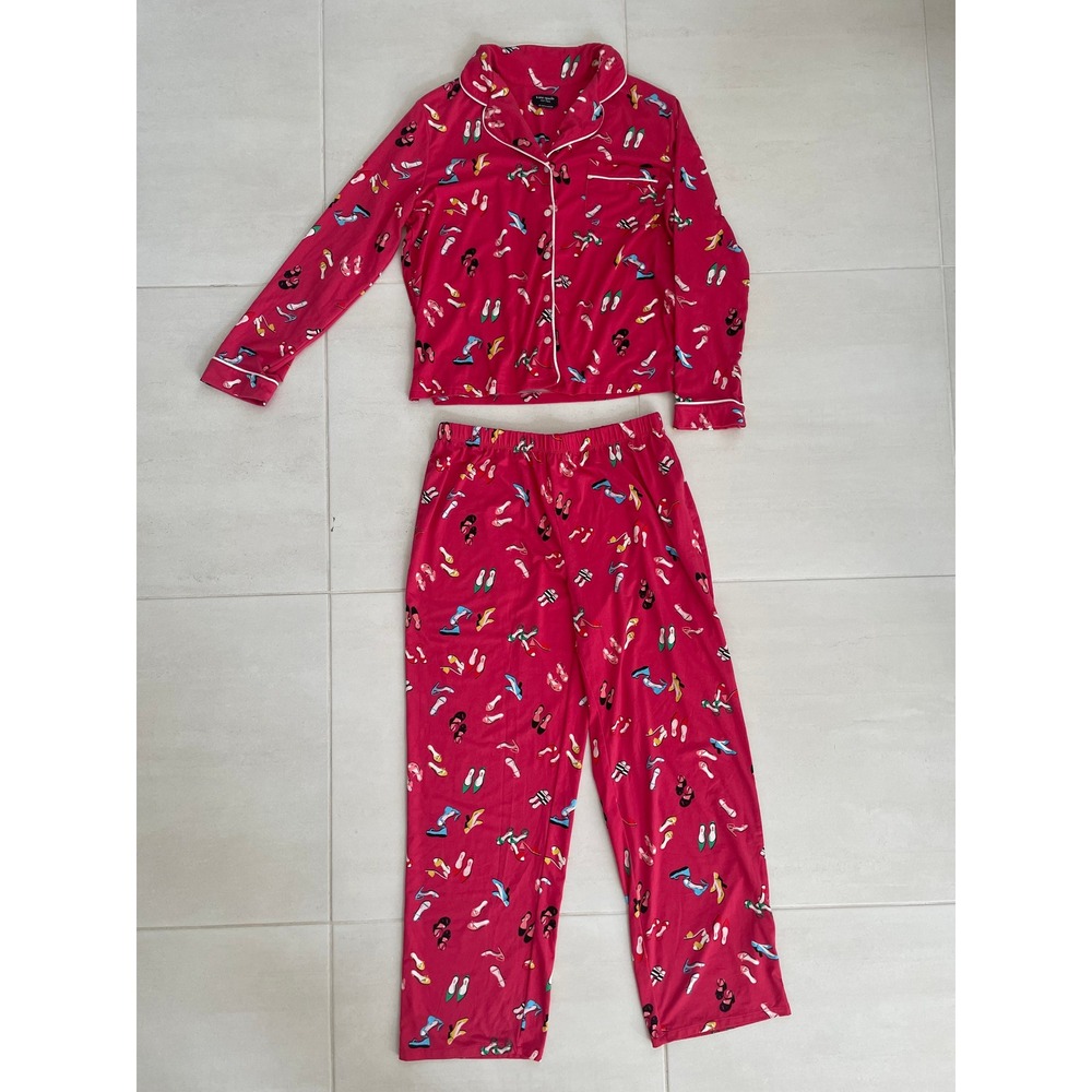 Kate Spade Pajama Set Women M Pink Shoe Print Loungewear Sleepwear Nostalgic